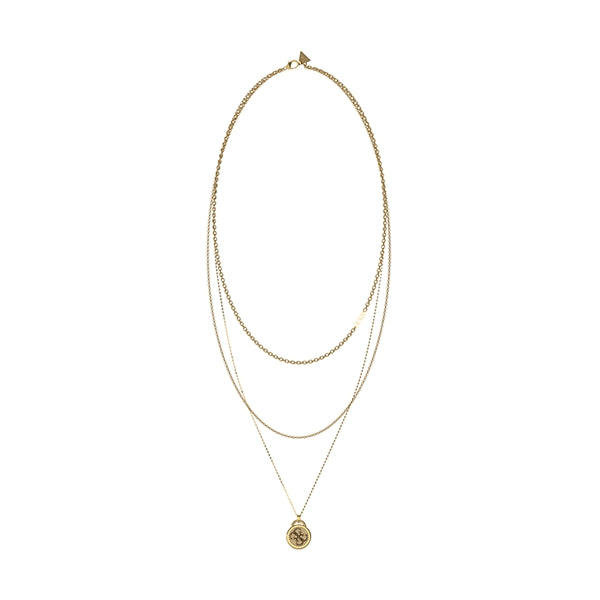 Gold layered necklace with delicate chains and a small round pendant on white background