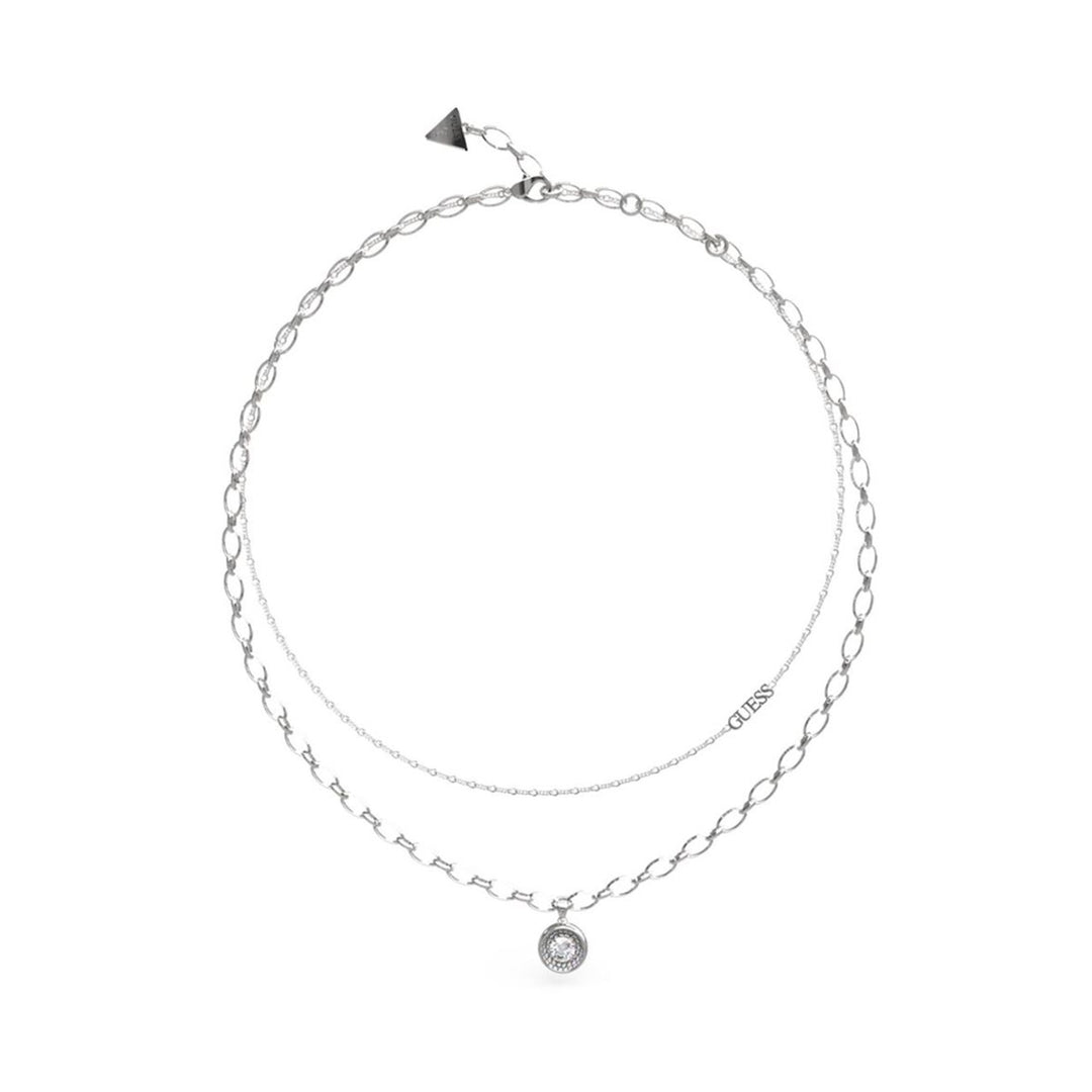 Silver layered necklace with double chains, clear stone pendant and small triangular charm on model
