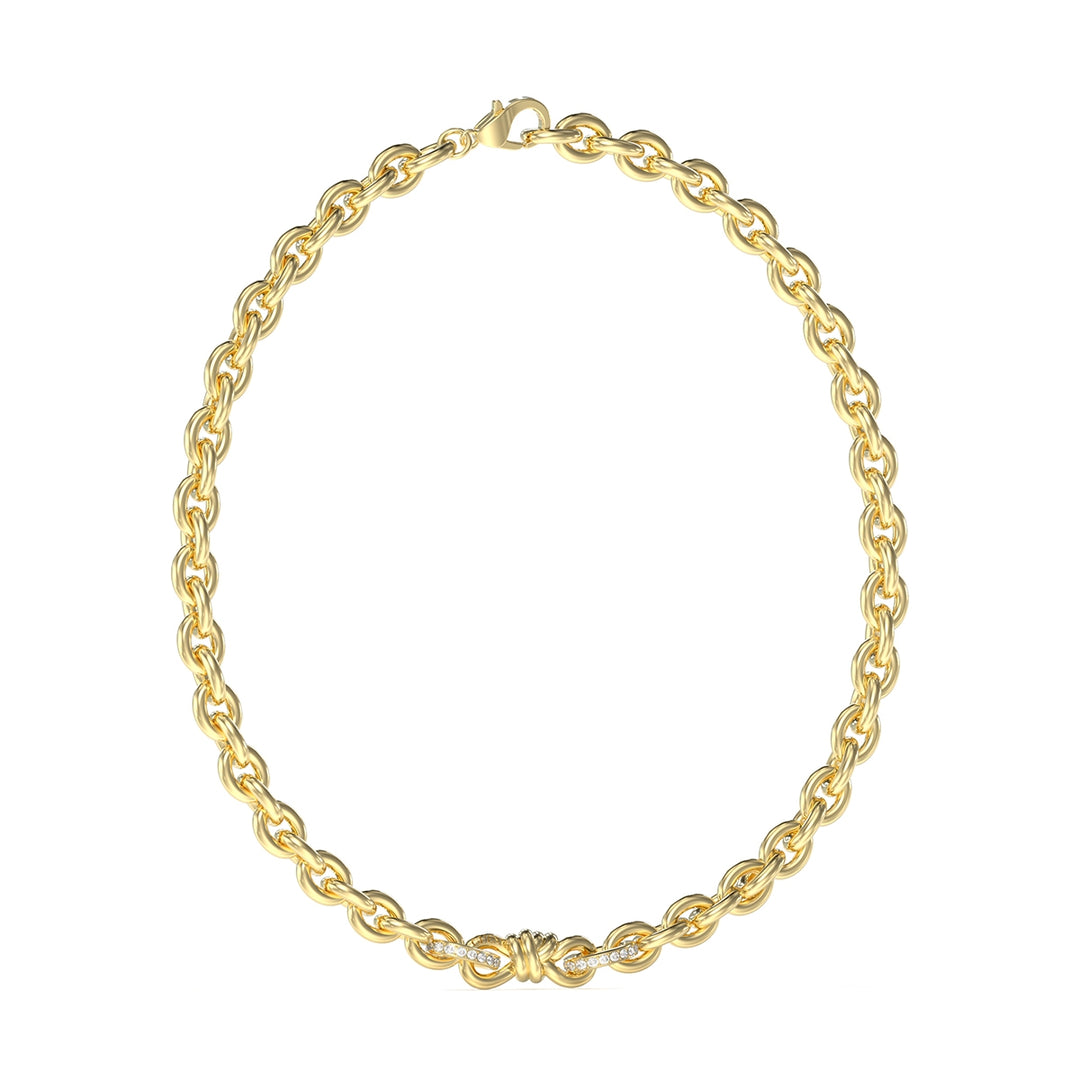 Gold chain necklace featuring a decorative pavé stone knot pendant and secure clasp on a neutral background