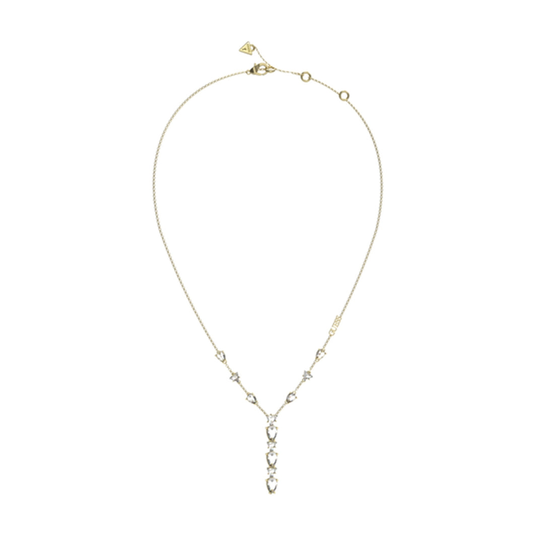 Gold pendant necklace on delicate chain featuring multiple clear stones catching light