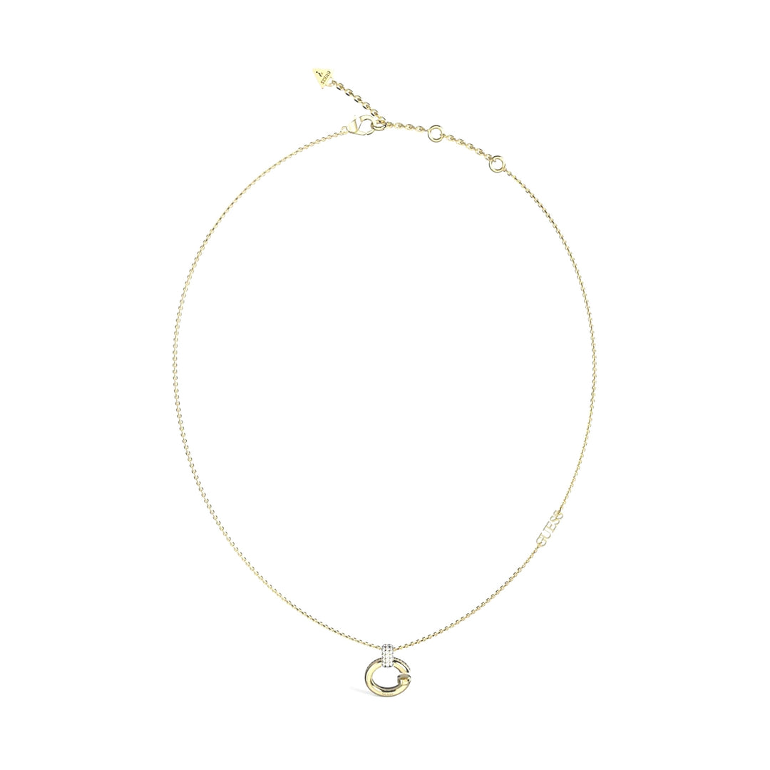 Gold-tone pendant necklace on fine chain featuring circular pendant set with small crystals, styled on neutral background