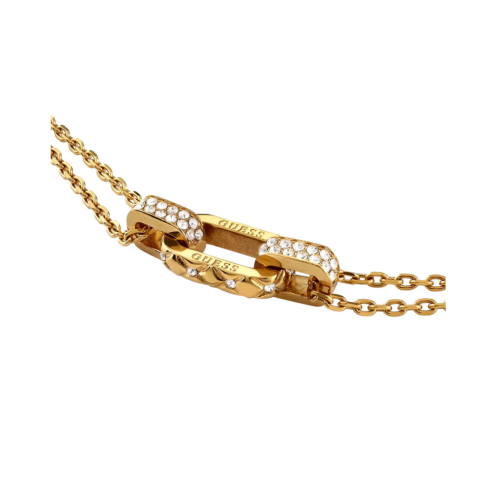 Gold double-chain layered necklace with rhinestone accents and adjustable clasp on neutral background for Women