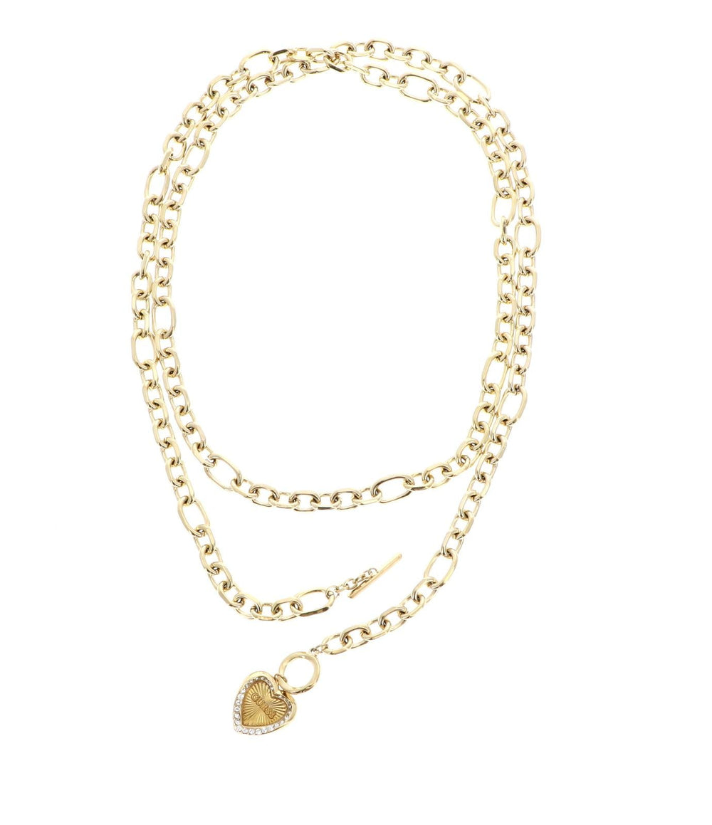 Gold chunky chain necklace with heart-shaped pendant and toggle clasp on neutral background