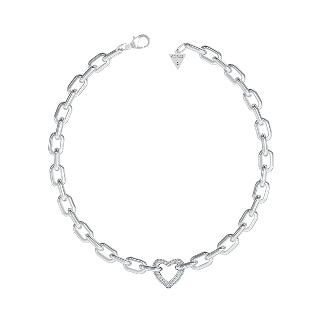 Silver link pendant necklace for Women featuring heart-shaped pavé charm and triangular tag on polished chain