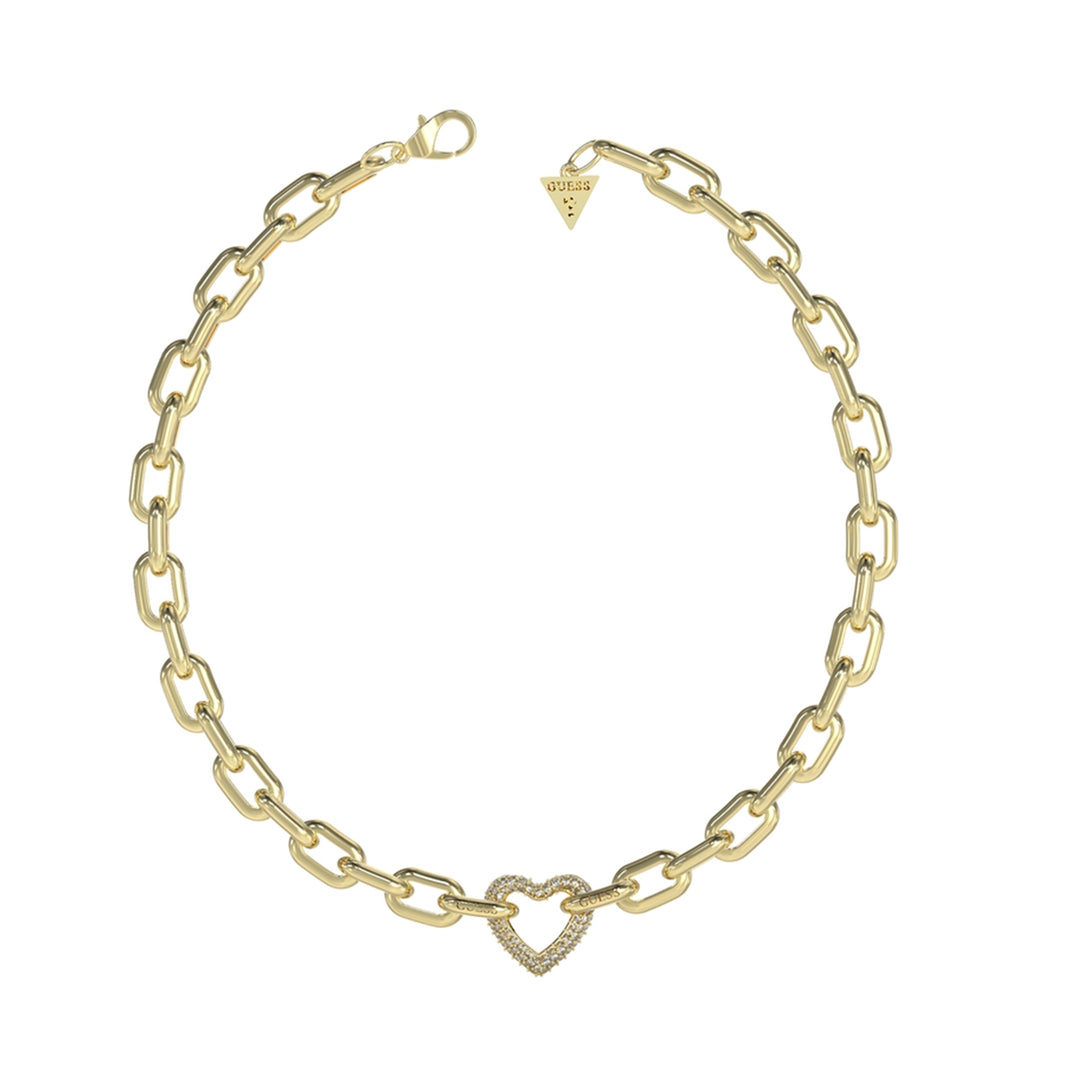 Gold chunky chain necklace with rhinestone heart charm and triangular accent on white background