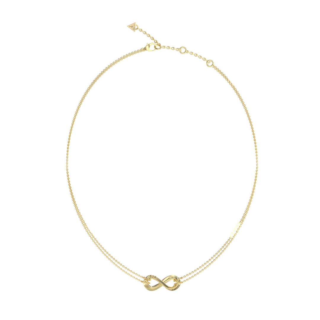 Gold double-chain necklace with small infinity pendant and adjustable clasp on white background
