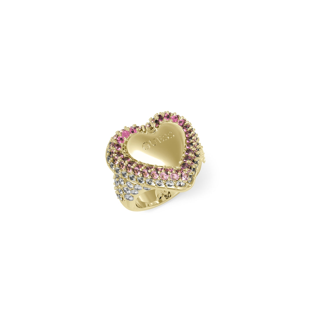 Gold heart ring with pink, purple and clear gemstones on polished metal band, engraved text detail