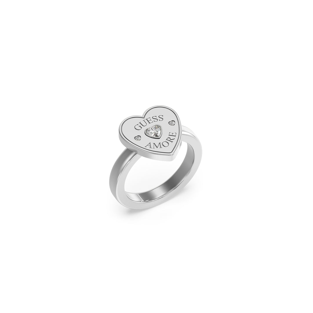 Silver modern ring with heart-shaped top studded with small embedded stones on a smooth band