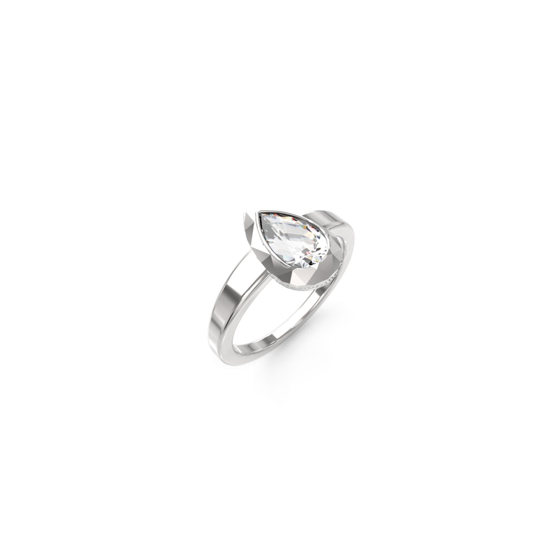 Silver ring featuring faceted teardrop gemstone set on a smooth metal band, modern minimalist design