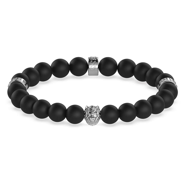 Black matte beaded bracelet with silver lion-head charm and engraved metal rings on neutral background