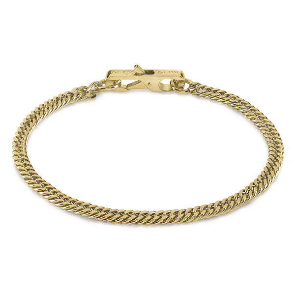Unisex gold metal chain bracelet with interlocking links and a clasp, shown on white background