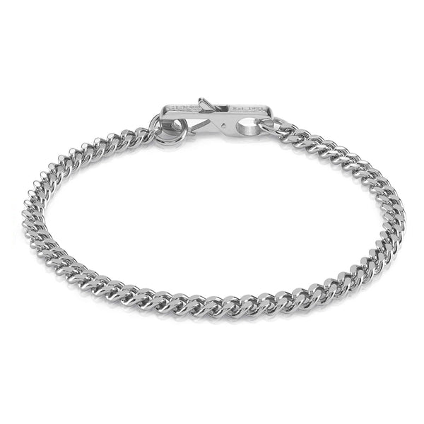 Close-up of silver curb chain bracelet with lobster clasp on neutral background, Unisex metal accessory