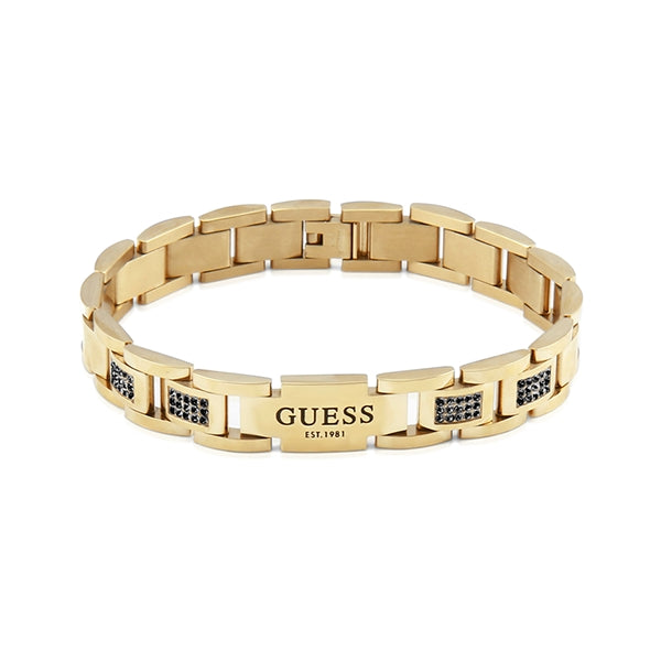 Gold-tone link bracelet for Man with black stone-embedded links on white background