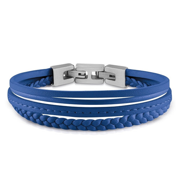 Blue leather bracelet with braided and smooth straps and polished metal clasp, casual Man accessory