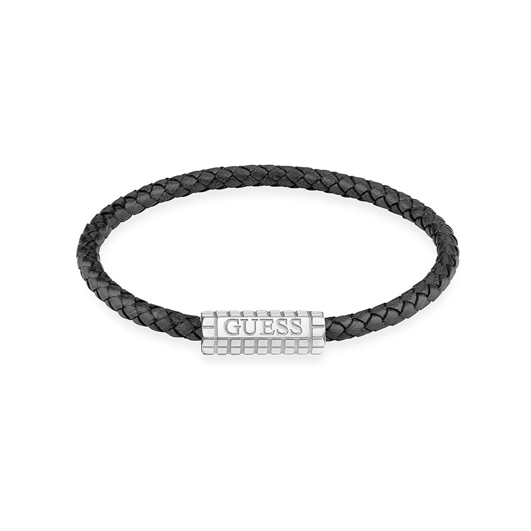 Black braided leather bracelet with silver textured metal clasp on neutral background
