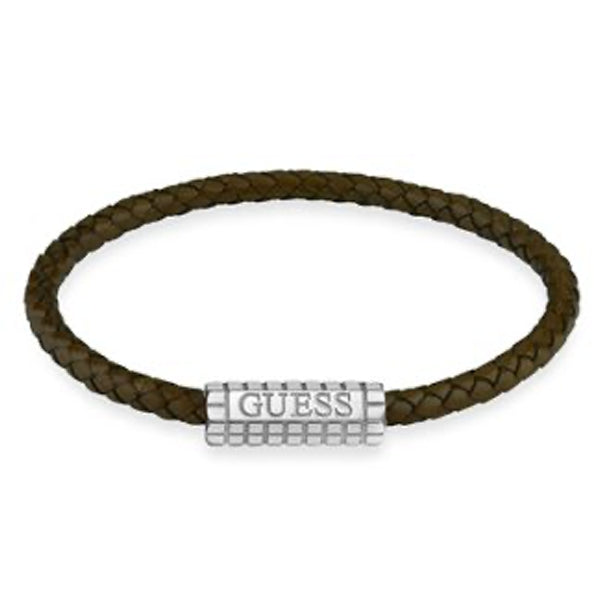 Braided brown leather bracelet with silver metal clasp on neutral background, casual men's accessory