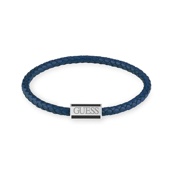 Blue braided leather bracelet with rectangular brushed metal plate on a neutral background
