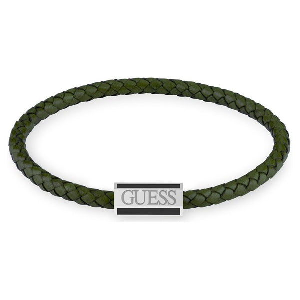 Dark green braided leather bracelet for Man with matte metal clasp on neutral background