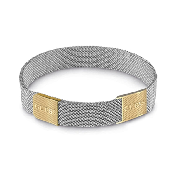 Two-tone Unisex bracelet with silver mesh band and two horizontal gold plates, close-up on clasp
