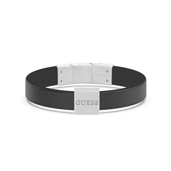 Black leather bracelet with silver stainless steel clasp and embossed Guess logo on wrist