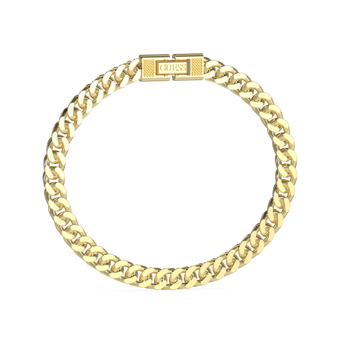 Gold curb chain bracelet for Man showing polished links and textured-pattern clasp on a neutral background