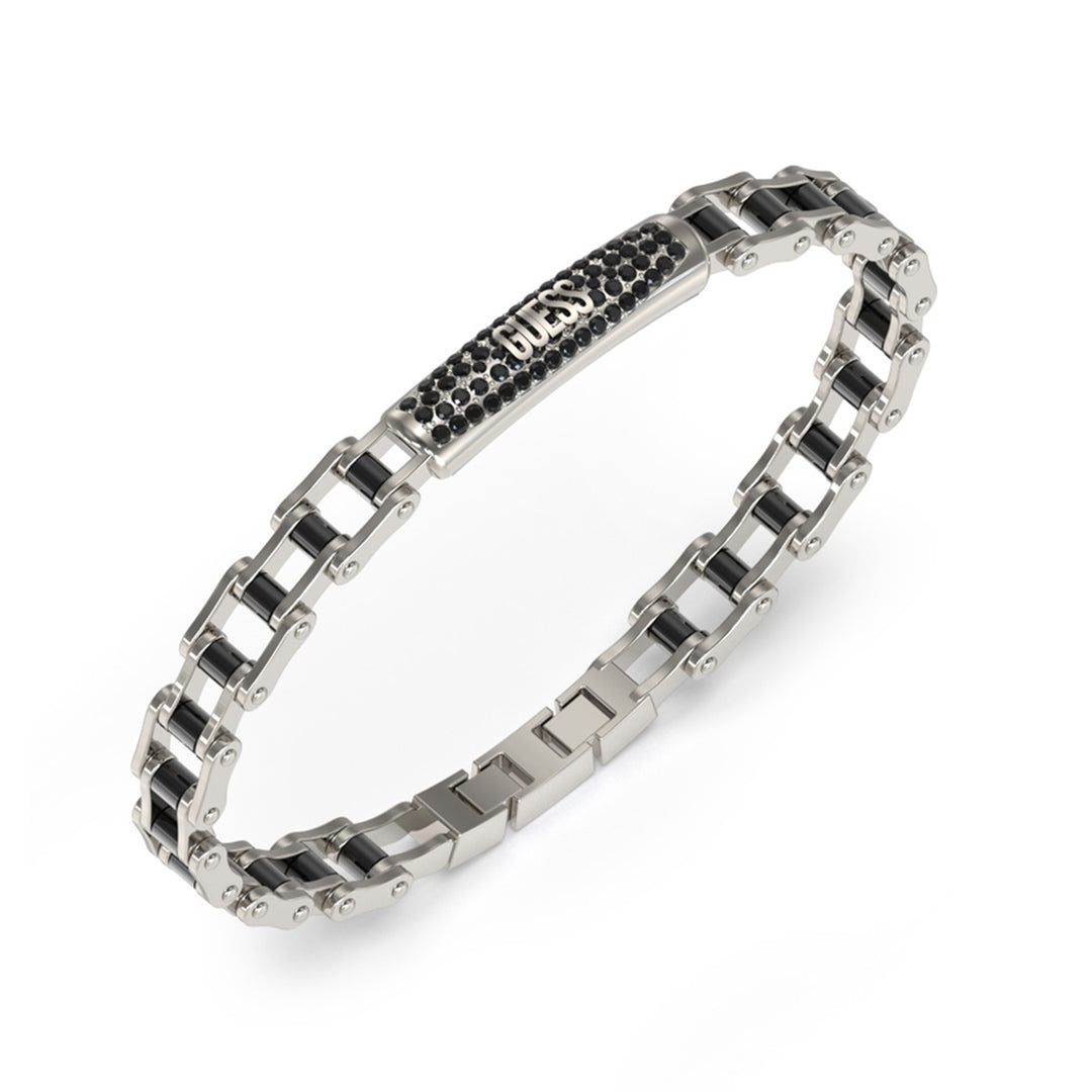 Silver-tone chain bracelet for Man with black stones and GUESS logo on wrist