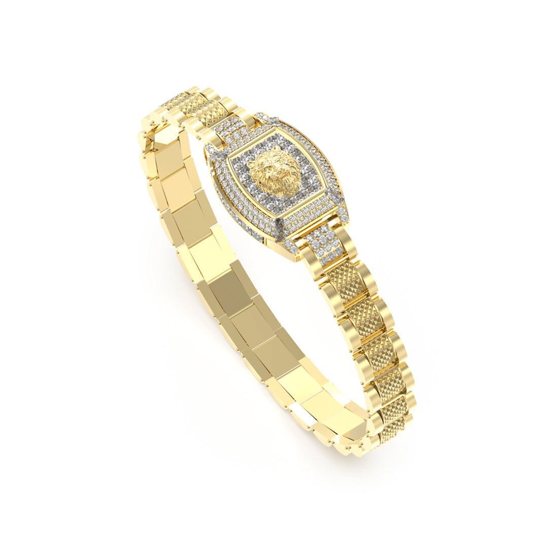 Gold and silver metal cuff bracelet with sculpted lion head and small embedded stones, shown on white background