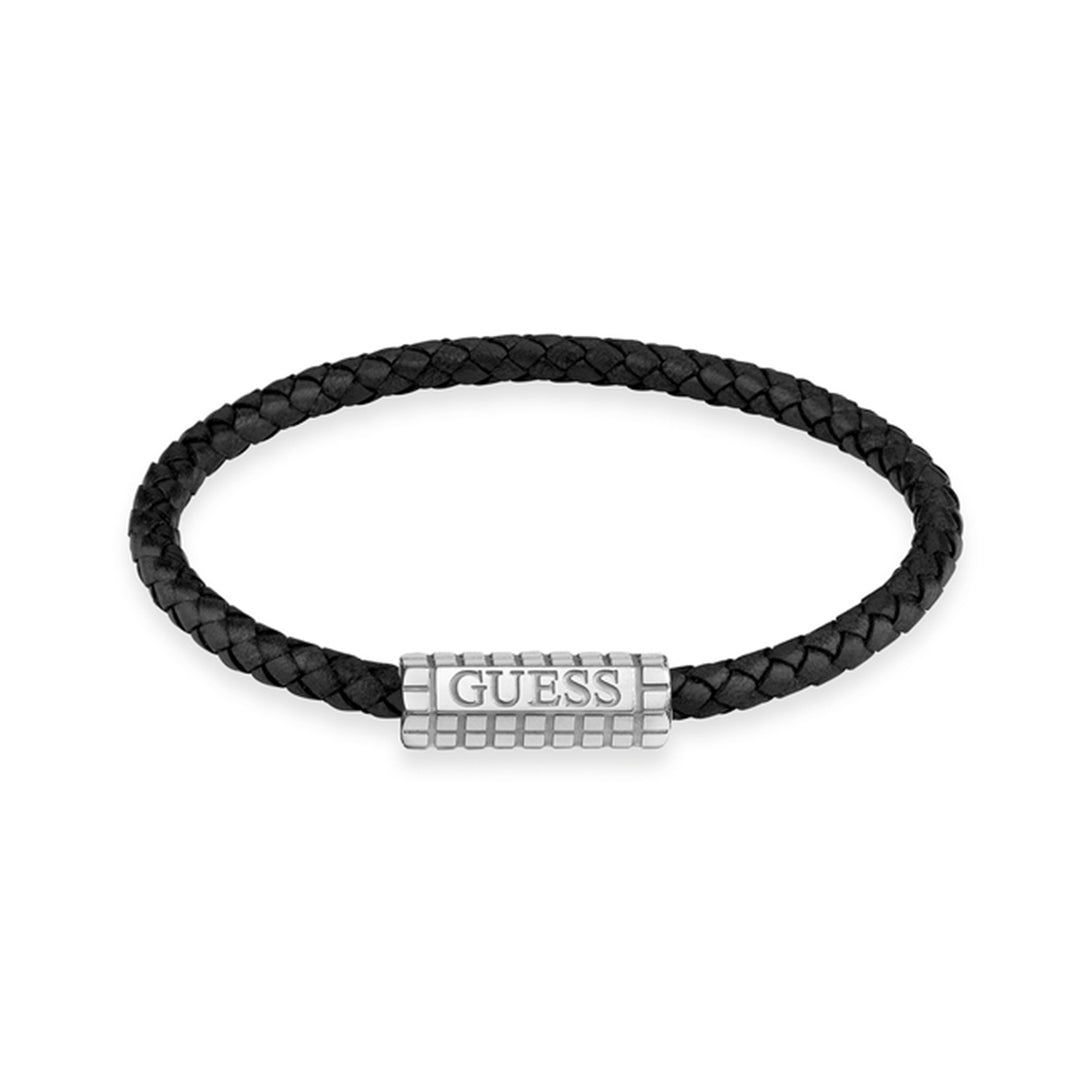 Black braided leather bracelet with silver textured metal clasp laid flat on neutral background