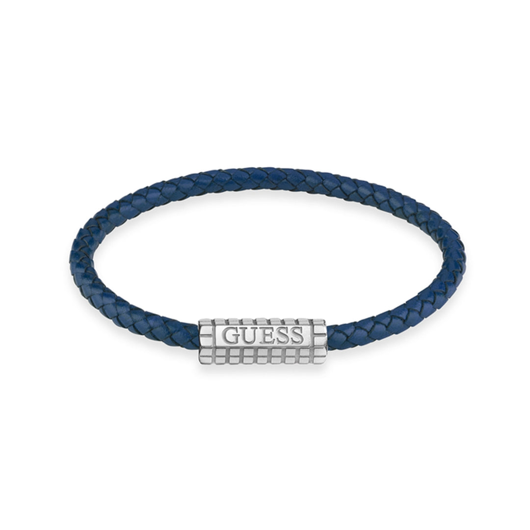 Blue braided leather bracelet with silver metal clasp shown on neutral background