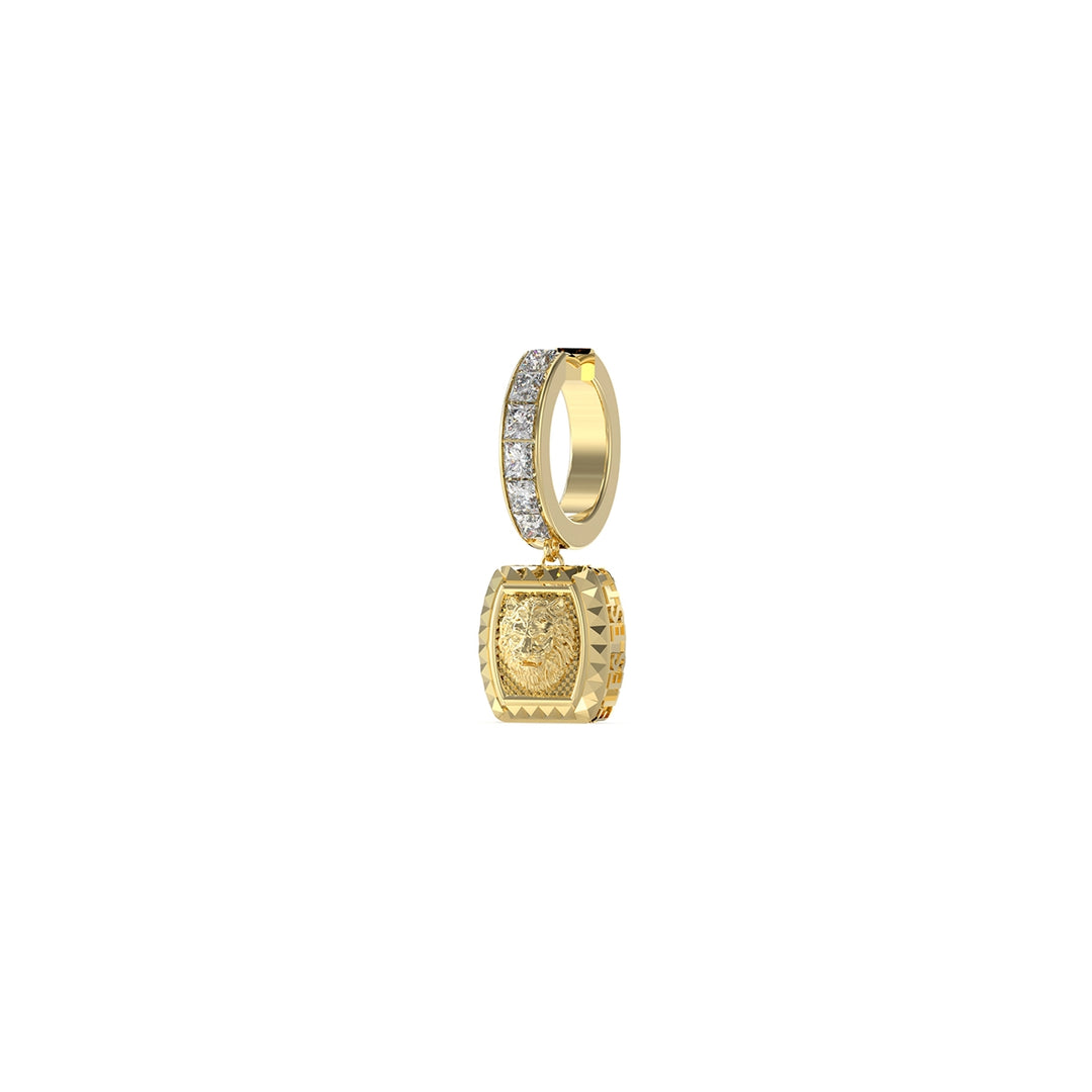 Pair of gold stud earrings with engraved lion faces and small clear embedded stones
