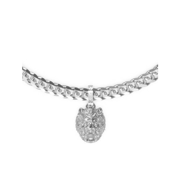 Unisex chunky silver chain necklace with sculpted lion head pendant and embedded stones on a white background