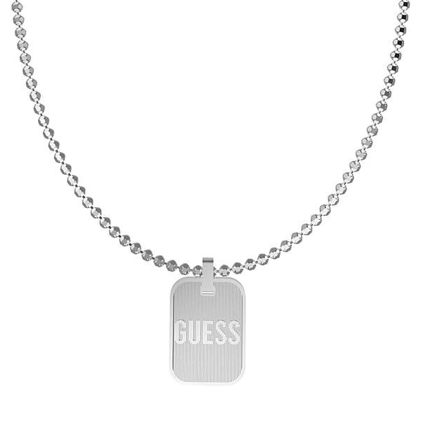 Silver rectangular pendant on ball-link chain laying on neutral background, close-up showing polished finish
