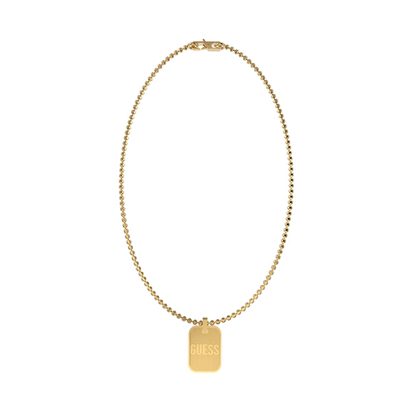 Gold rectangular pendant necklace on chain; engraved text visible; flat studio background