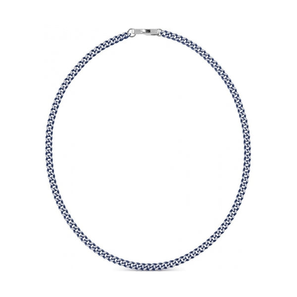 Unisex silver chain necklace with blue accent, chain link pattern and lobster clasp on flat background