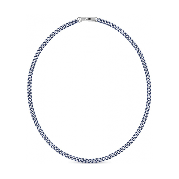 Unisex silver chain necklace with blue accent, chain link pattern and lobster clasp on flat background