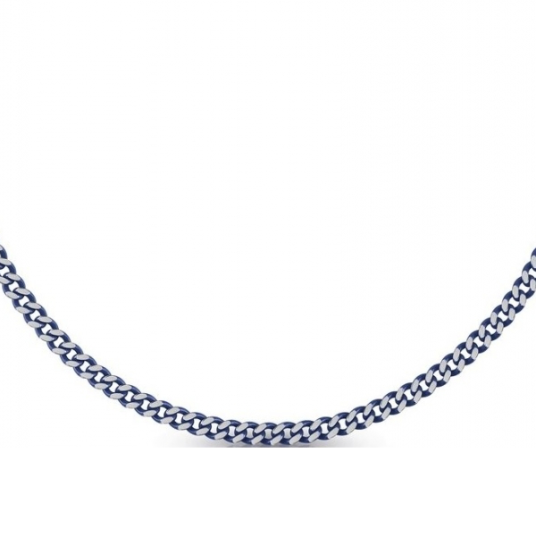 Unisex silver chain necklace with blue accent, chain link pattern and lobster clasp on flat background