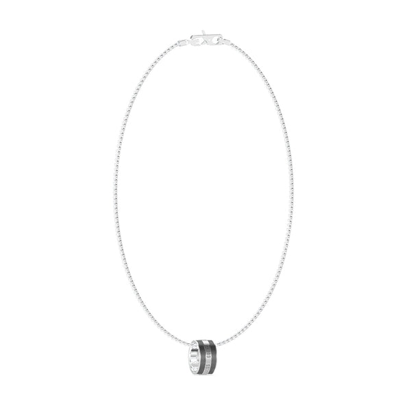 Unisex silver chain necklace with a circular engraved ring pendant, black engraved detail on metal