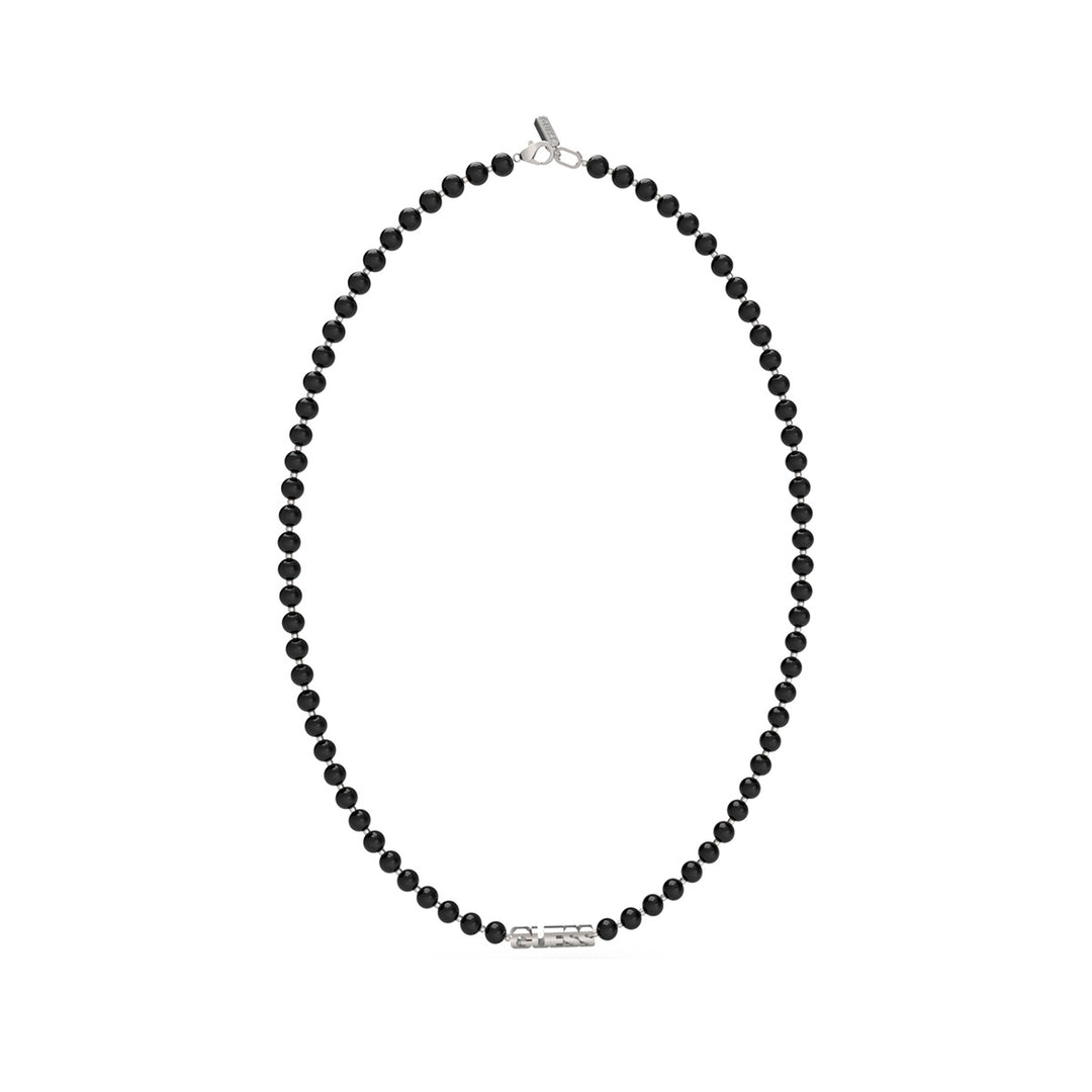Black beaded necklace with silver logo bead and metal clasp on neutral background
