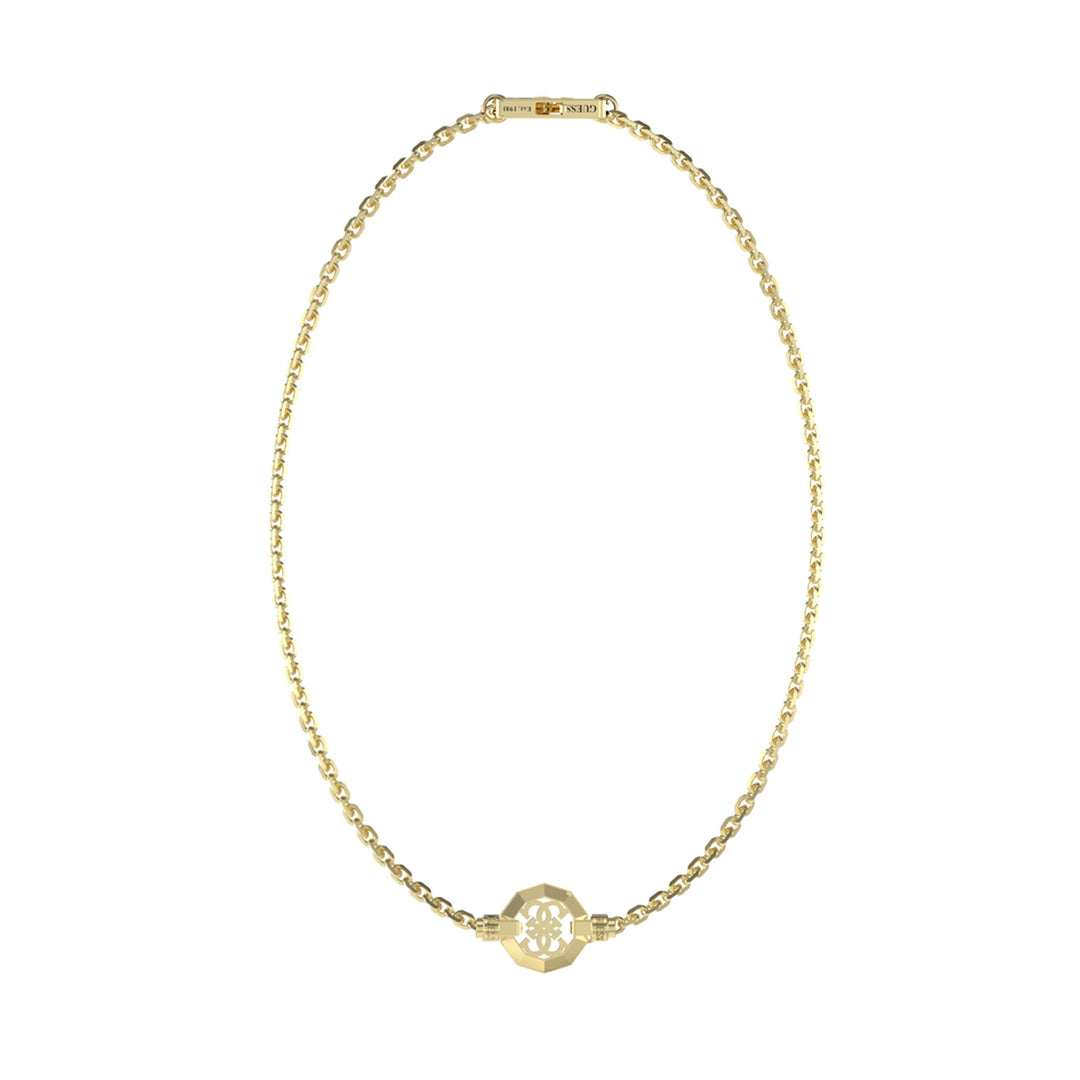 Gold-tone octagonal pendant necklace on fine chain; cut-out detail and engraved clasp visible