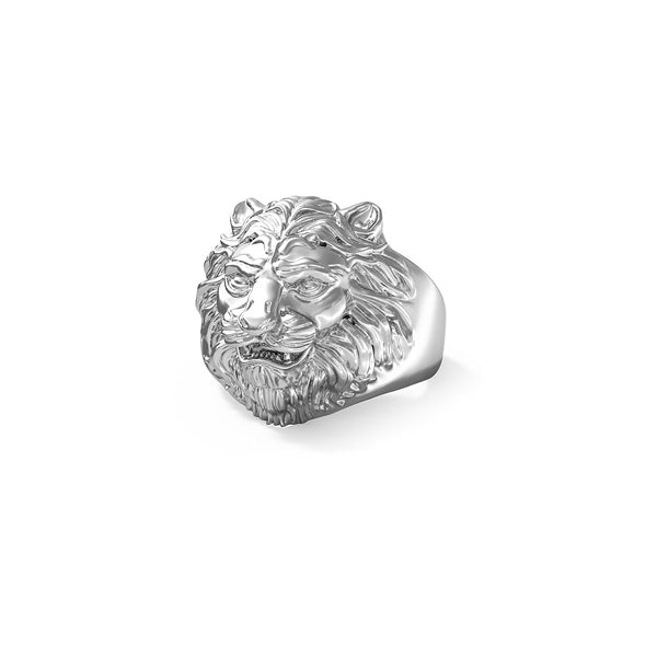 Silver lion head ring on neutral background showing detailed face and textured mane