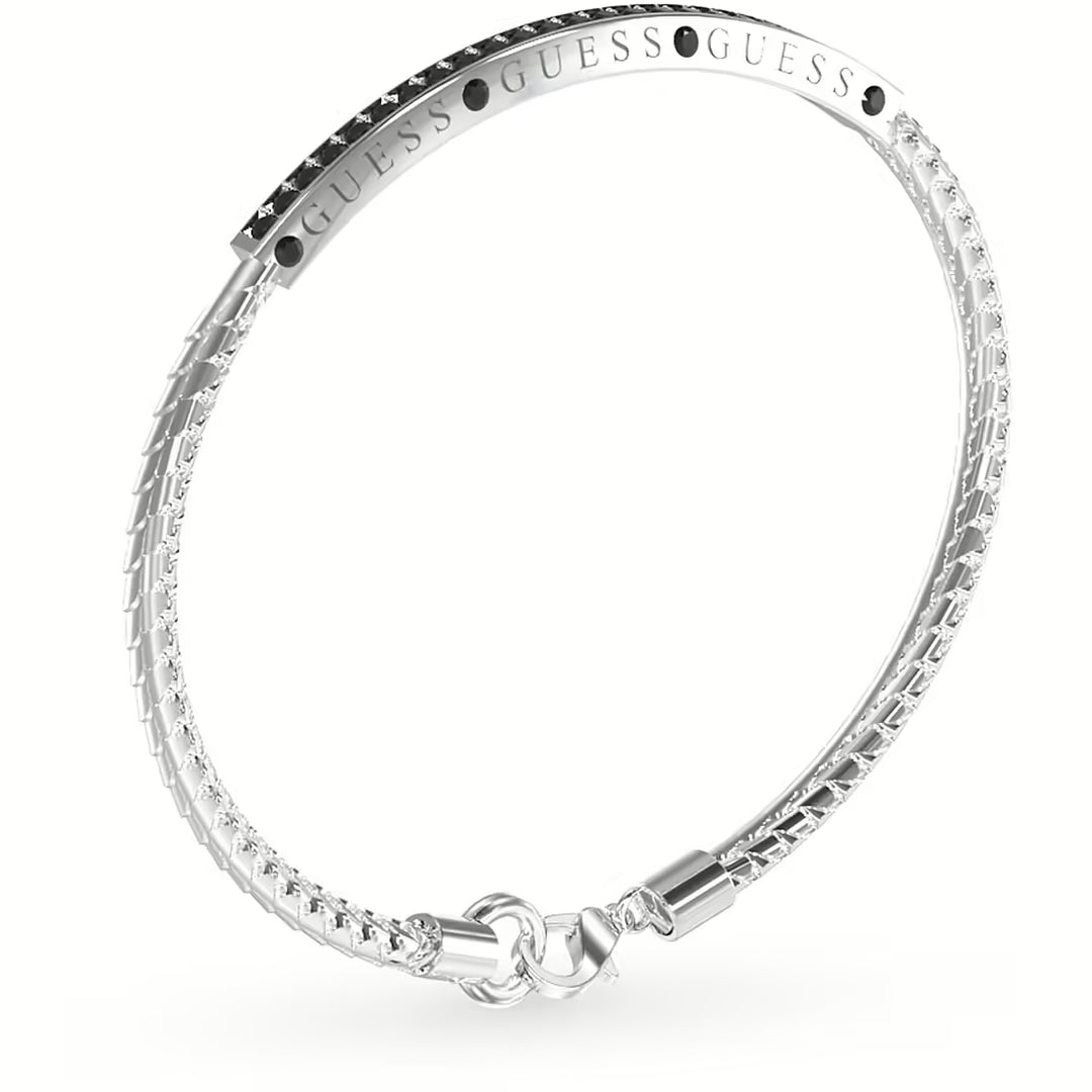 Silver chain bracelet with decorative bar showing black dot accents and a secure clasp, Unisex design