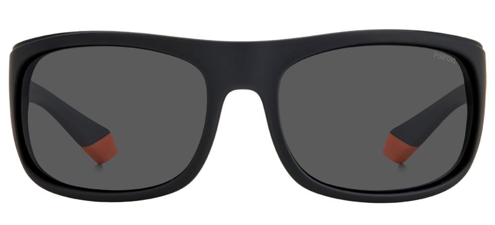 Black and orange wrap-around plastic sunglasses with polarized lenses and rubber temple tips, sporty profile for Man