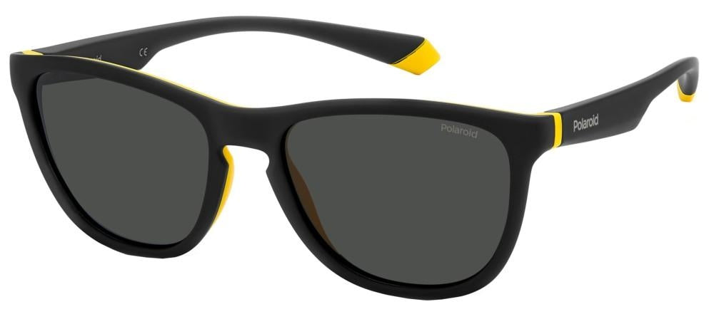 Unisex black and yellow rectangular sunglasses with polarized lenses on white background