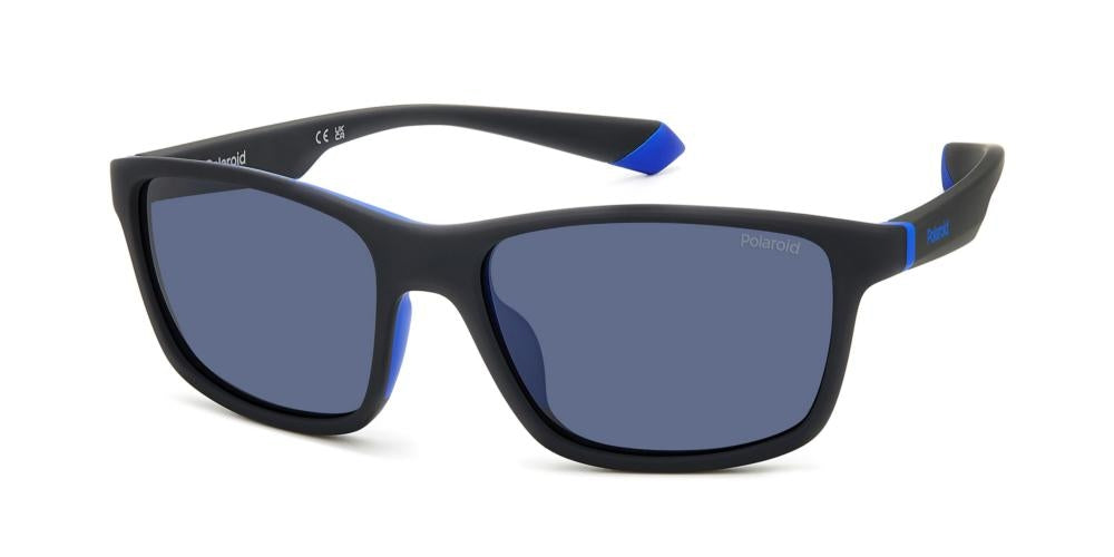 Black rectangular sport sunglasses with blue accents, polarized lenses and Polaroid logo on temples and lens
