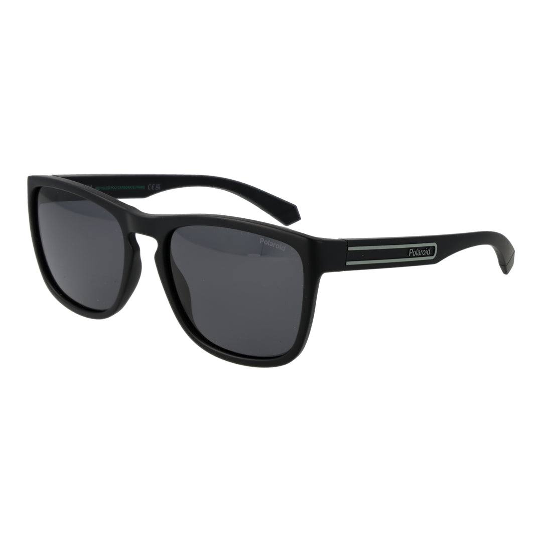 Black rectangular sunglasses on neutral background showing polarized lenses and two horizontal temple stripes