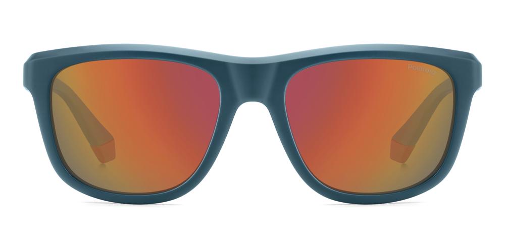Unisex blue full-rim rectangular sunglasses with orange accents and red-orange mirrored lenses on white background