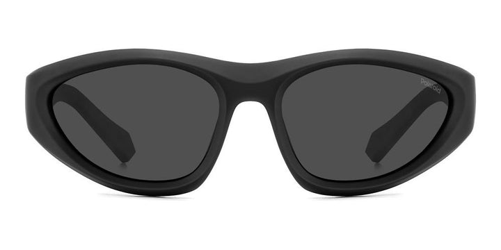 Unisex black wrap-around sport sunglasses with plastic frame and polarized lenses, shown at a slight angle