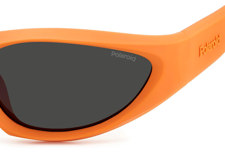 Unisex orange plastic cat-eye sunglasses, polarized lenses, sporty silhouette against neutral background