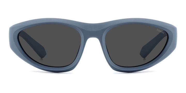 Unisex blue cat-eye sunglasses in glossy plastic with dark lenses and thick curved arms on white background