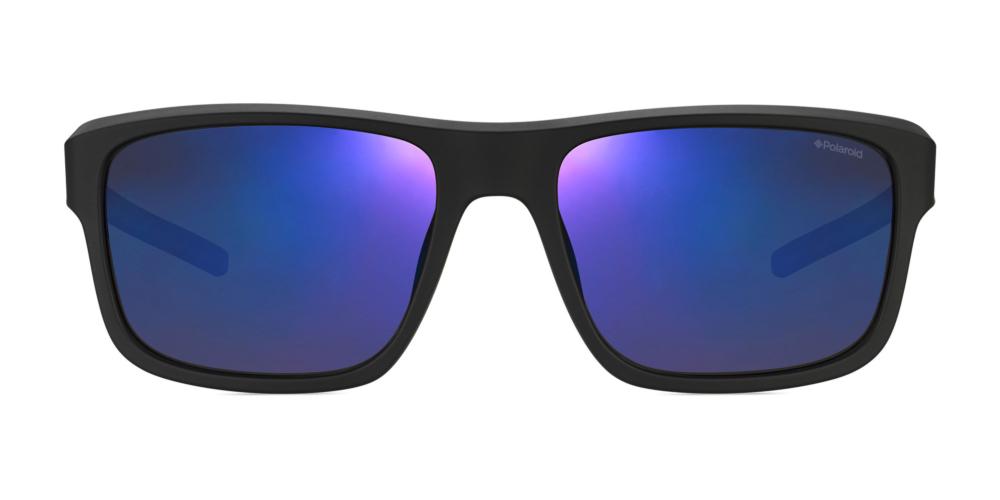 Unisex sporty rectangular sunglasses black frame with blue–purple gradient polarized lenses on white background
